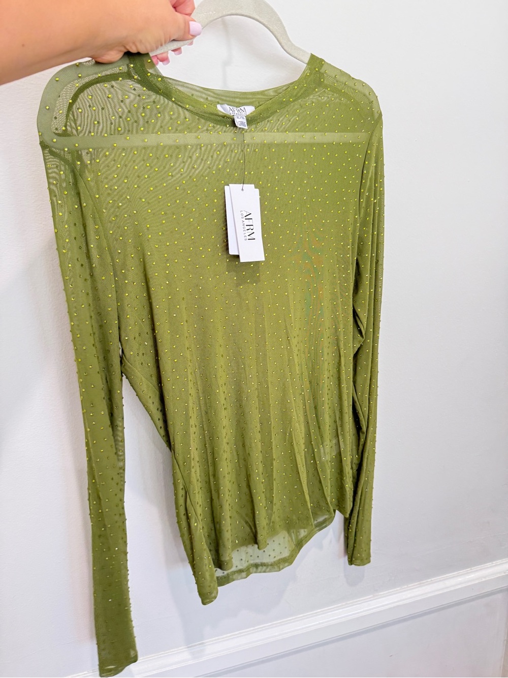AFRM Sunny Rhinestone Long Sleeve Mesh Top in a green sheer mesh blouse